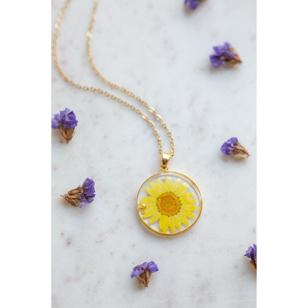 Real Pressed Daisy Necklace | Yellow Resin Flower Pendant, Gold Chain Jewelry